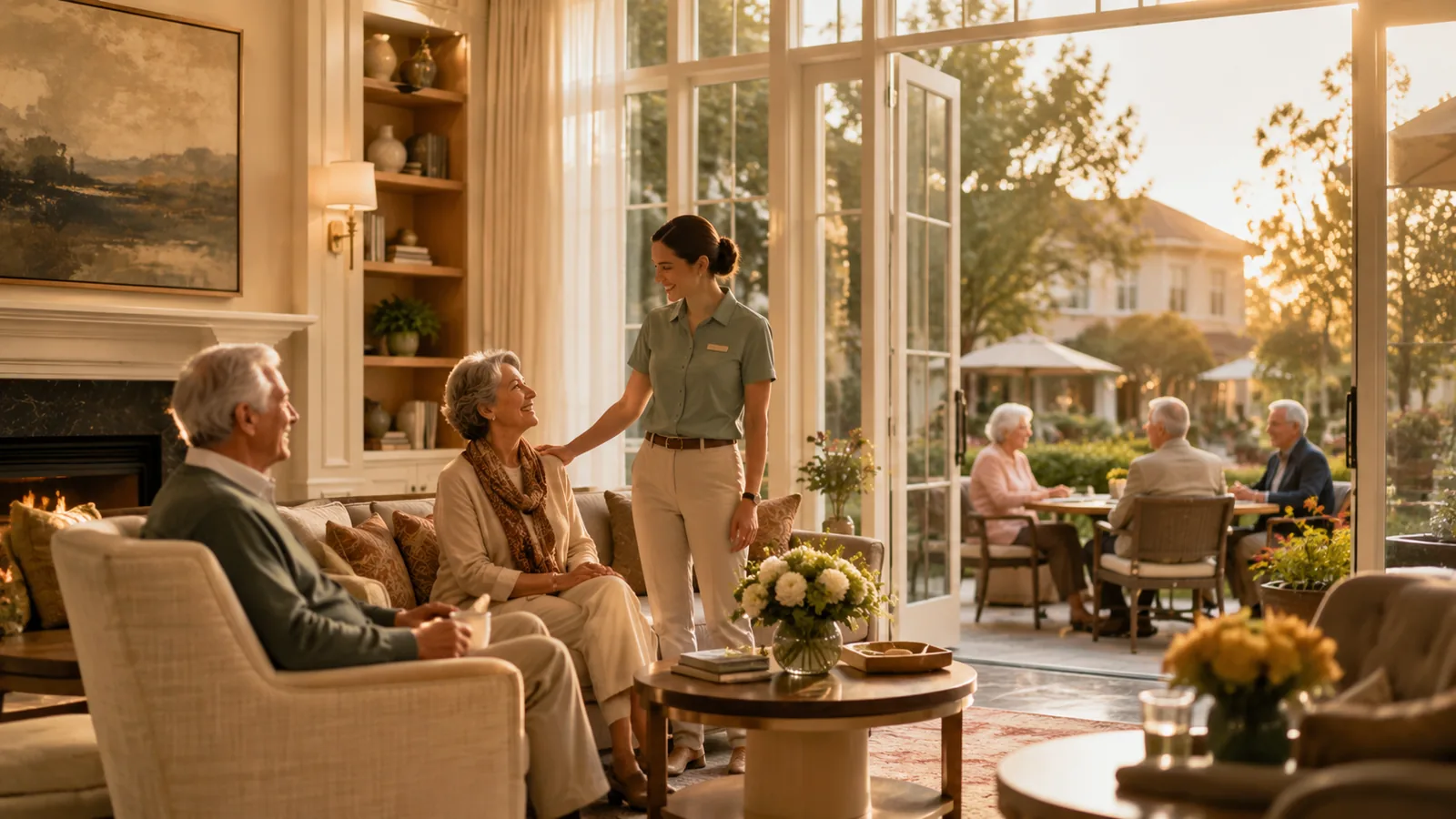 Warm assisted living community lounge with residents and a caregiver at golden hour