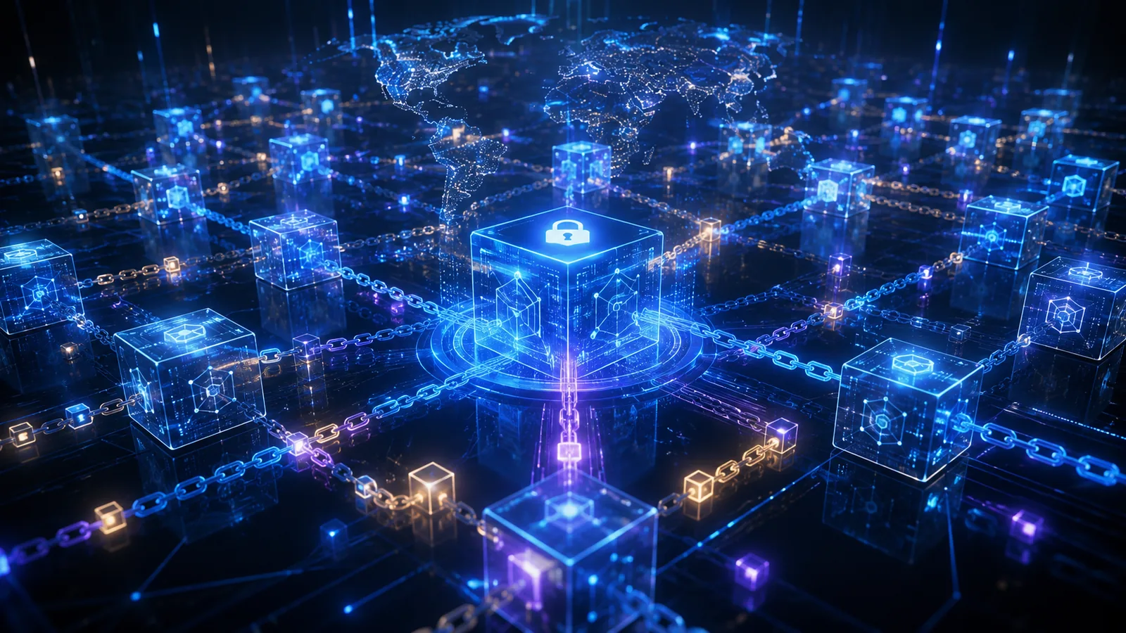 Glowing blockchain network of linked blocks and chains beneath a world map