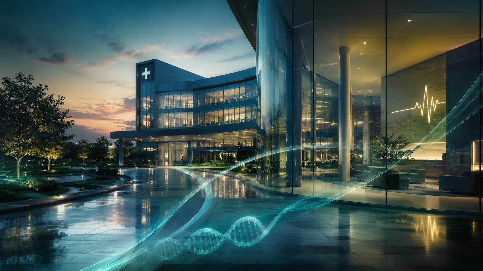 Modern healthcare campus at dusk with a glowing DNA helix and heartbeat line