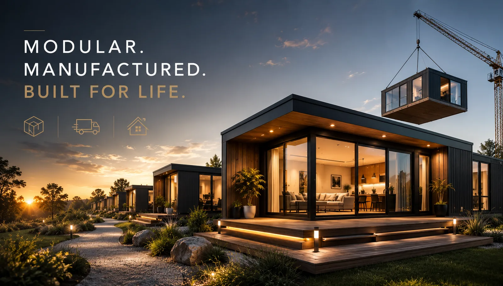 Modern modular homes at dusk with a crane setting a factory-built module in place