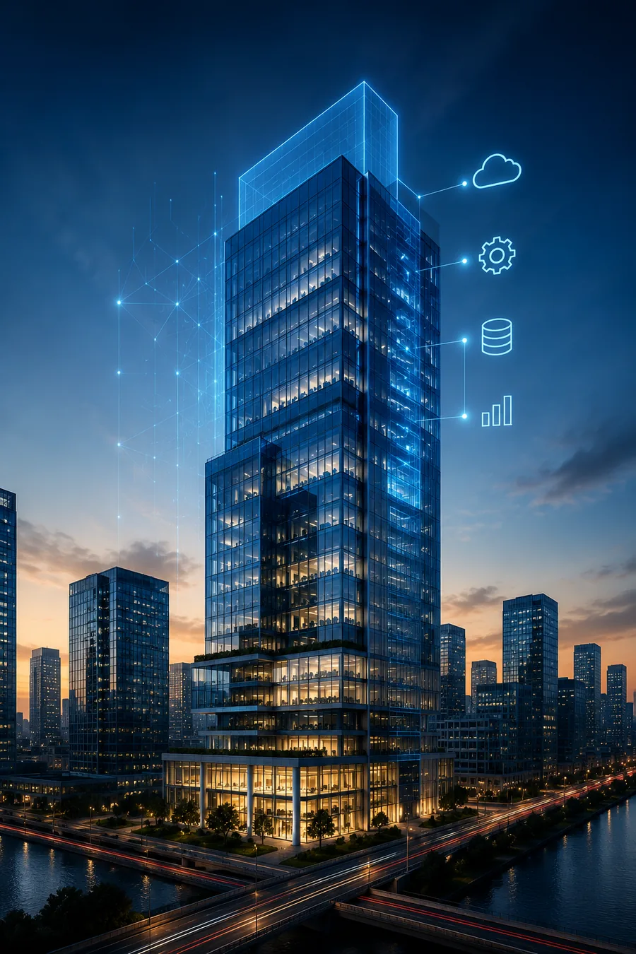Glass office tower with cloud, data, and analytics icons representing vertical software platforms