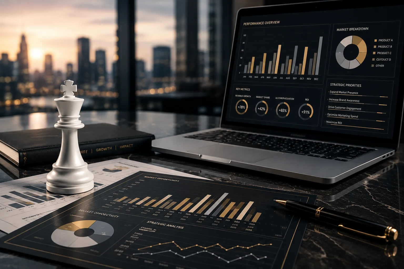 Chess king beside marketing performance dashboards and strategy documents
