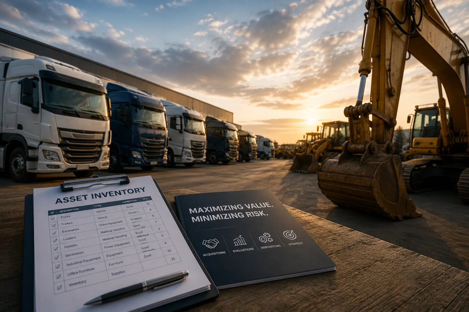 Fleet of trucks and heavy equipment behind an asset inventory checklist