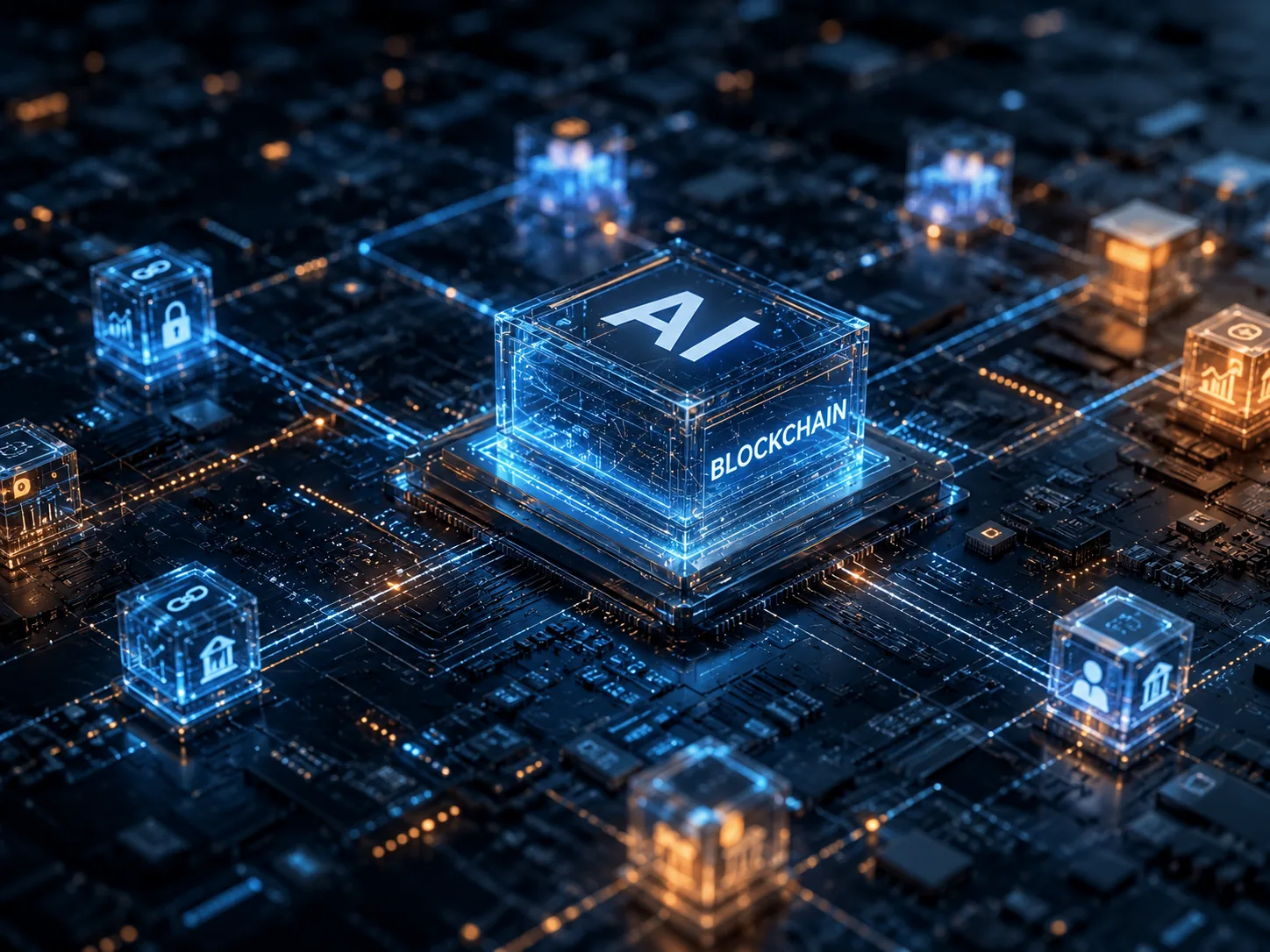 Glowing AI and blockchain processor at the center of a connected circuit network