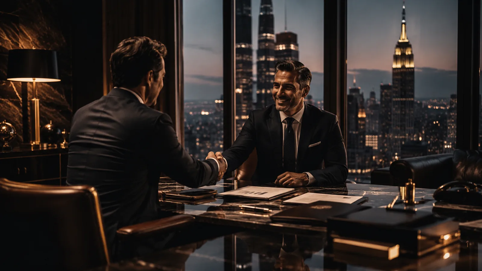 Two executives shaking hands across a desk overlooking the evening skyline