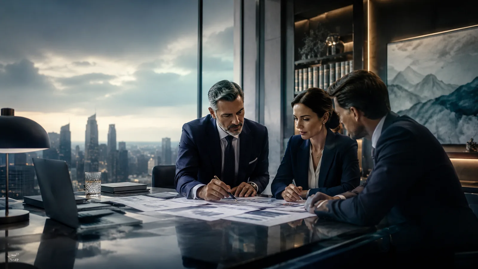 Senior advisors reviewing financial documents together at a conference table