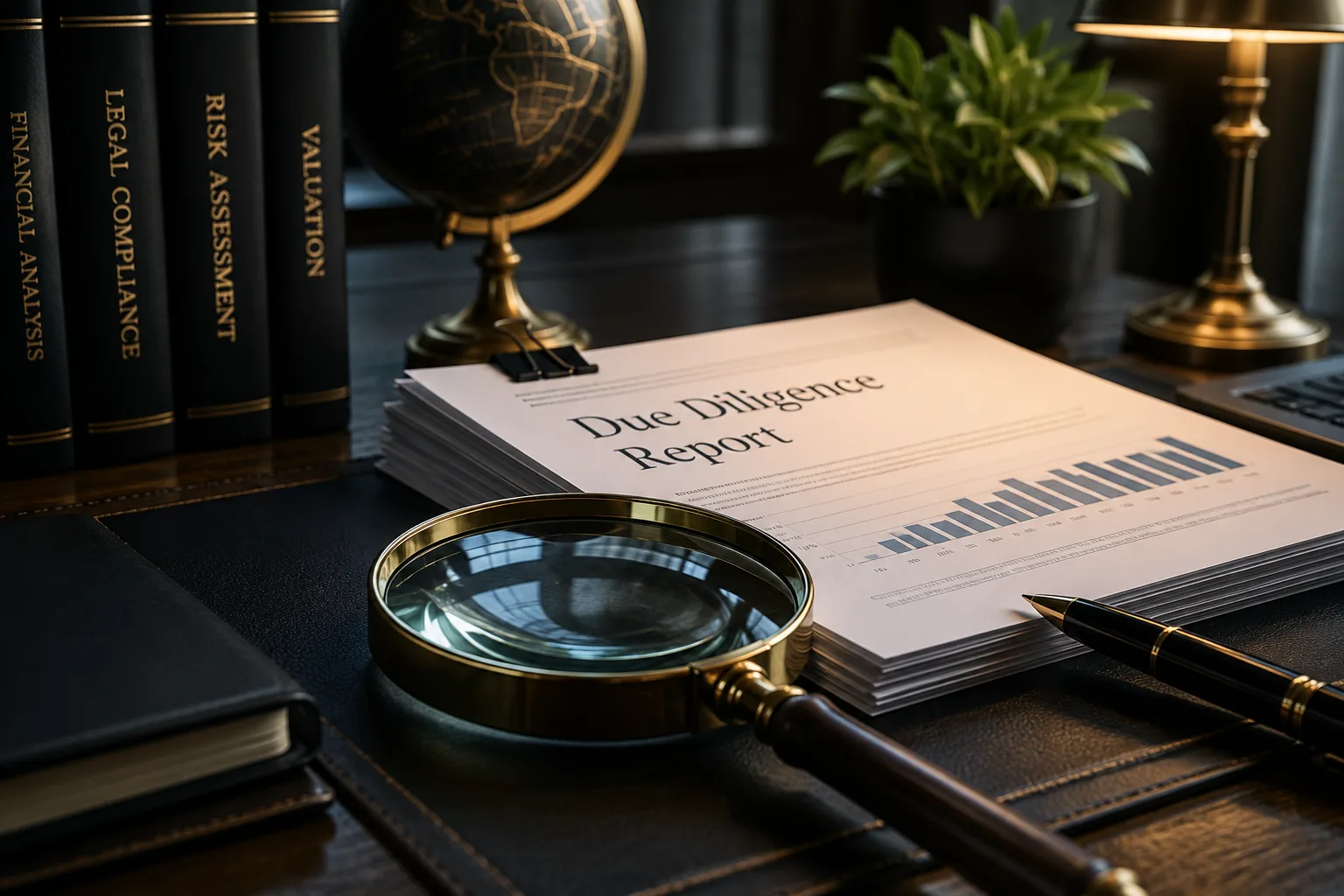 Due diligence report with magnifying glass beside financial analysis, legal compliance, risk assessment, and valuation volumes