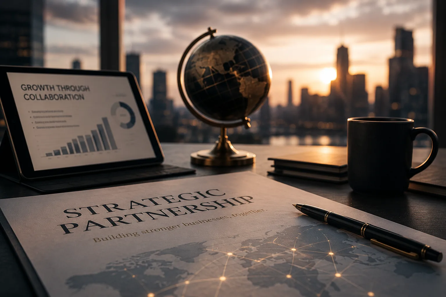 Strategic partnership dossier with globe and skyline: building stronger businesses together