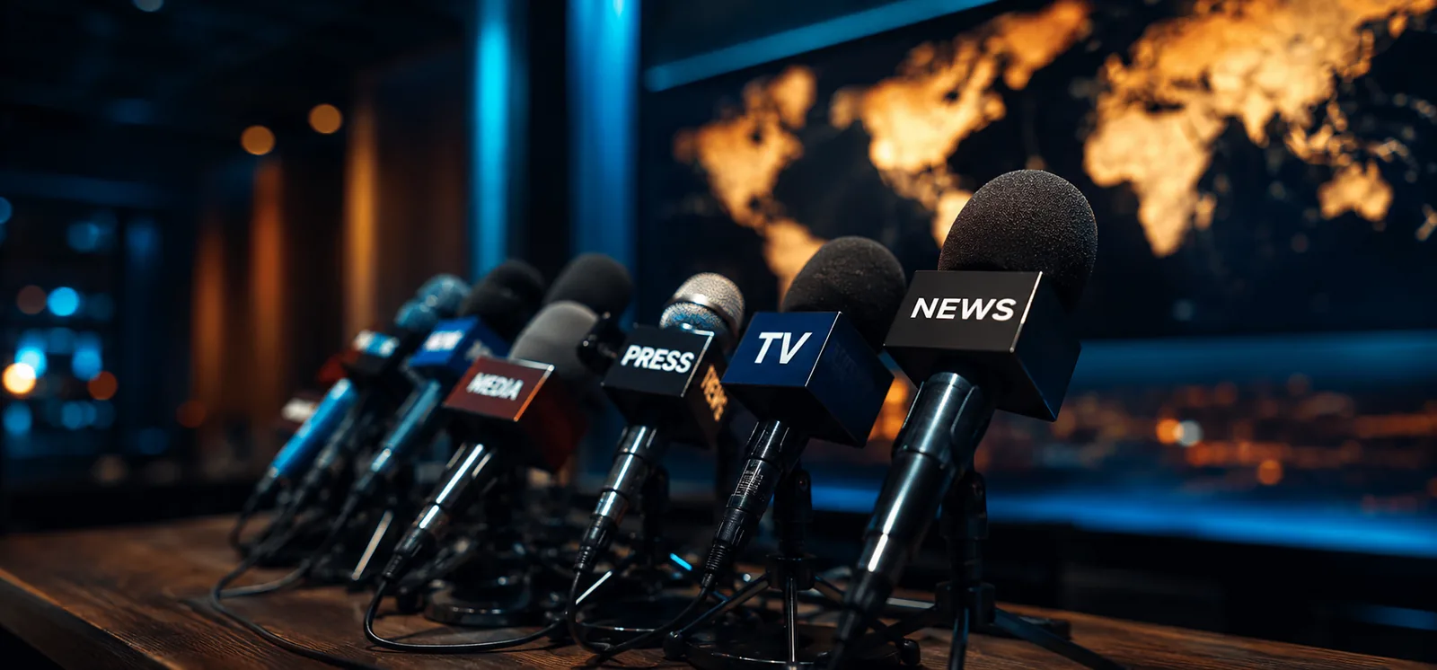 Press, TV, and news microphones arranged before a world map backdrop