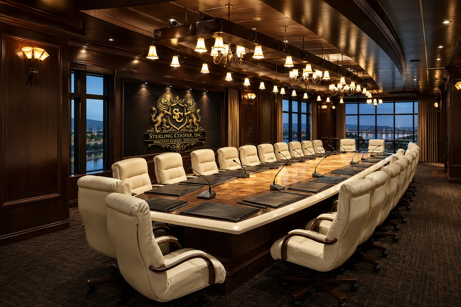 Sterling Cooper boardroom with the firm crest above the conference table
