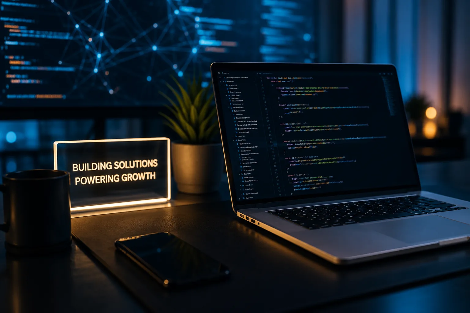 Developer laptop with code beside a sign reading Building Solutions, Powering Growth