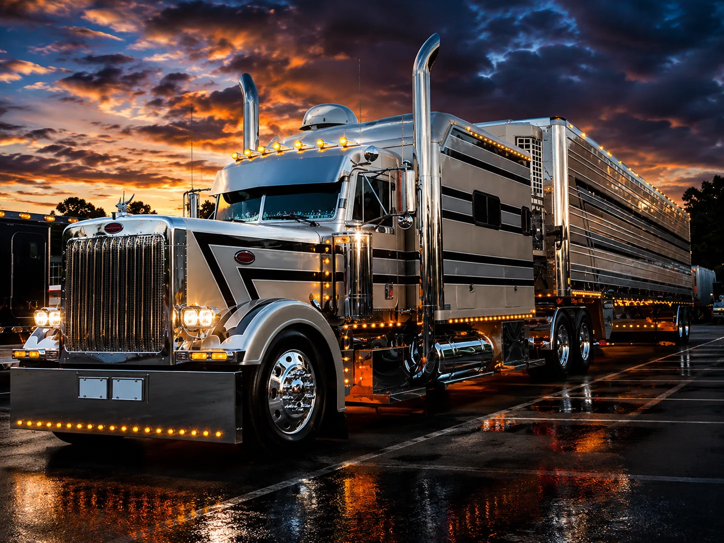 Custom chrome show truck with sleeper and polished trailer at sunset