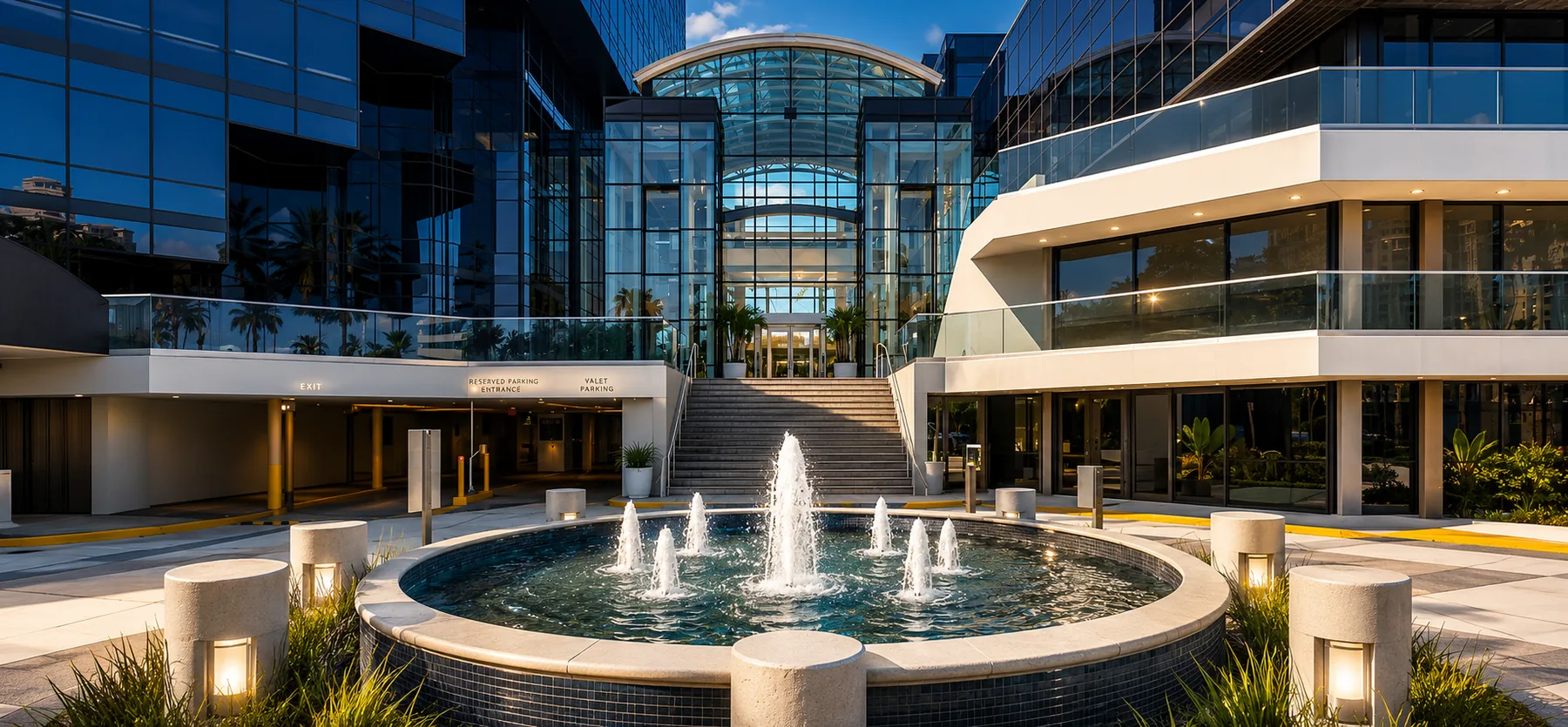 Sterling Cooper&rsquo;s West Palm Beach executive office with glass atrium and fountain courtyard