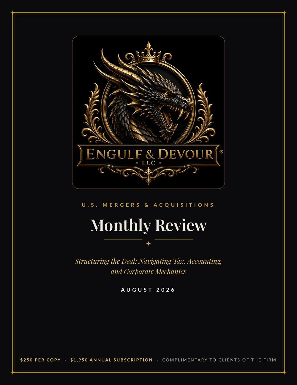 August 2026 U.S. Mergers and Acquisitions Monthly Review cover with the Engulf and Devour crowned dragon emblem in gold